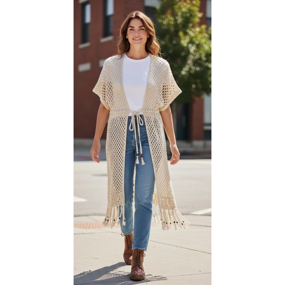 Artesia Open Knit Fringe Cardigan Duster Boho Beads Sz OS Hippie Y2K Retro Fall
